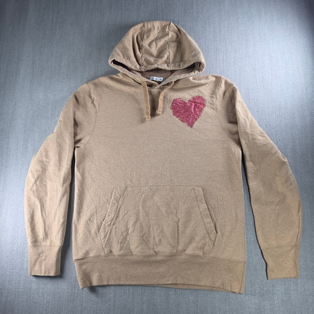 Hanes Hoodie Women Medium Tan Pink Glitter Heart Fleece Pullover Sweatshirt